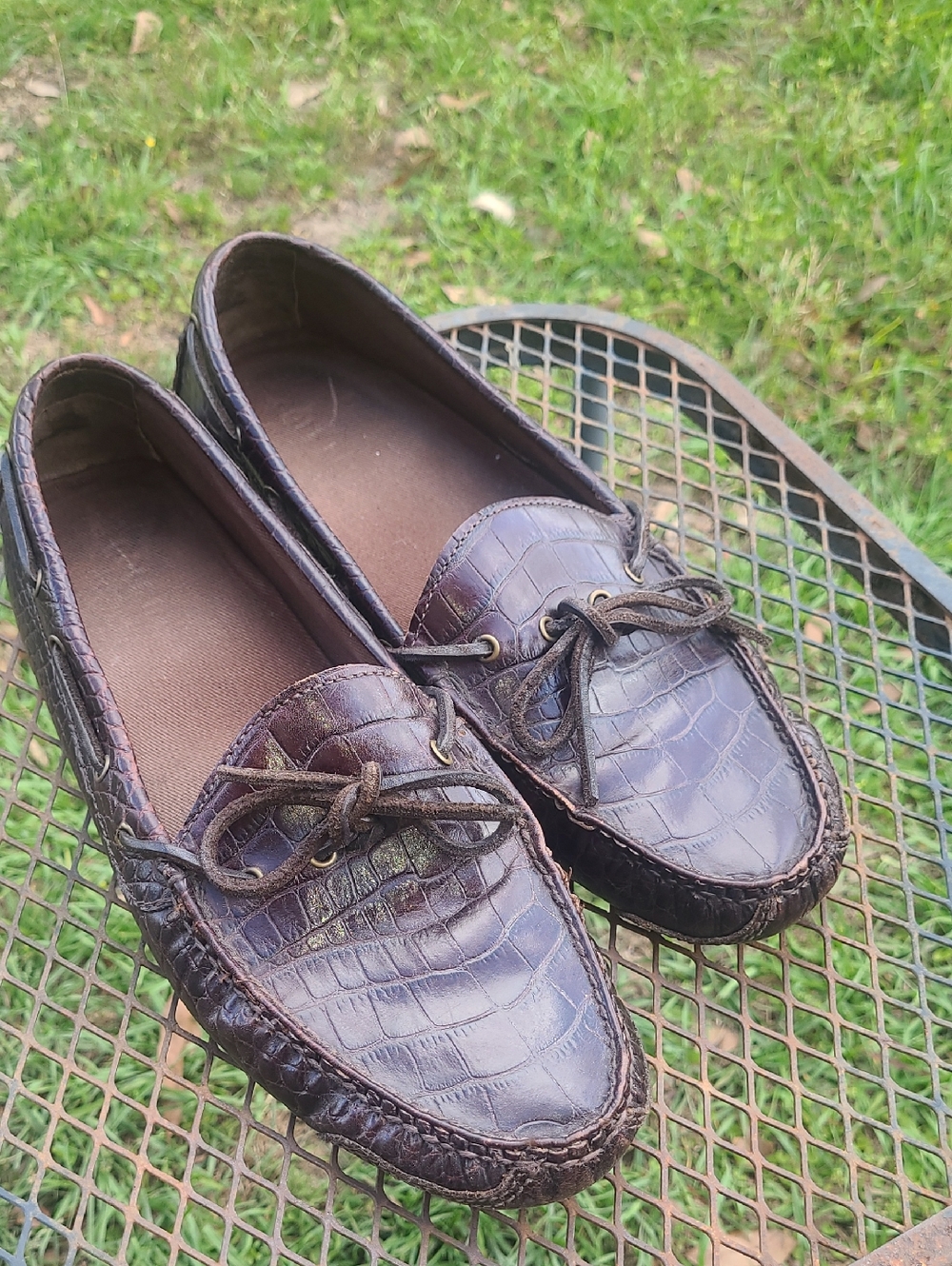 Cole Haan Brown Croc-Embossed Leather Boat Shoes Size 9d